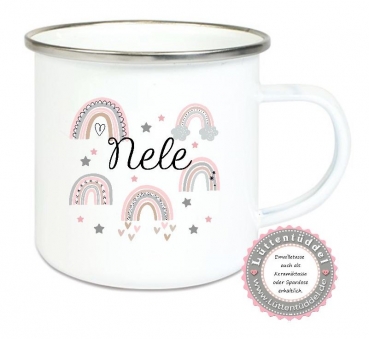 Preview: ♥ Becher Tasse Emaillebecher ganz viele Regenbogen, Mädchen, Einschulung KITA Wunschname, Dankeschön, Geburtstag, Abschied, Jubiläum, Geschenk, Kommunion, Firmung Konfirmation, Becher von Lüttentüddel